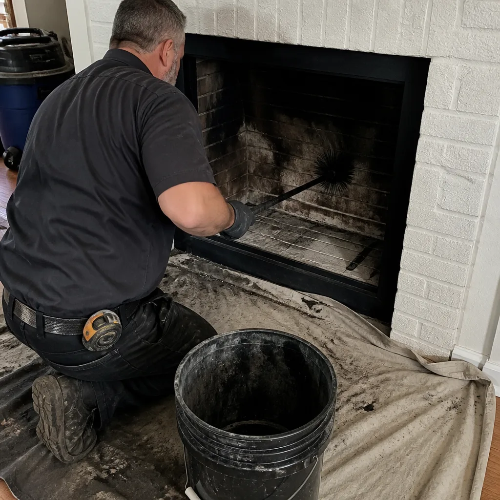 Professional chimney sweep cleaning soot from a residential fireplace with a brush