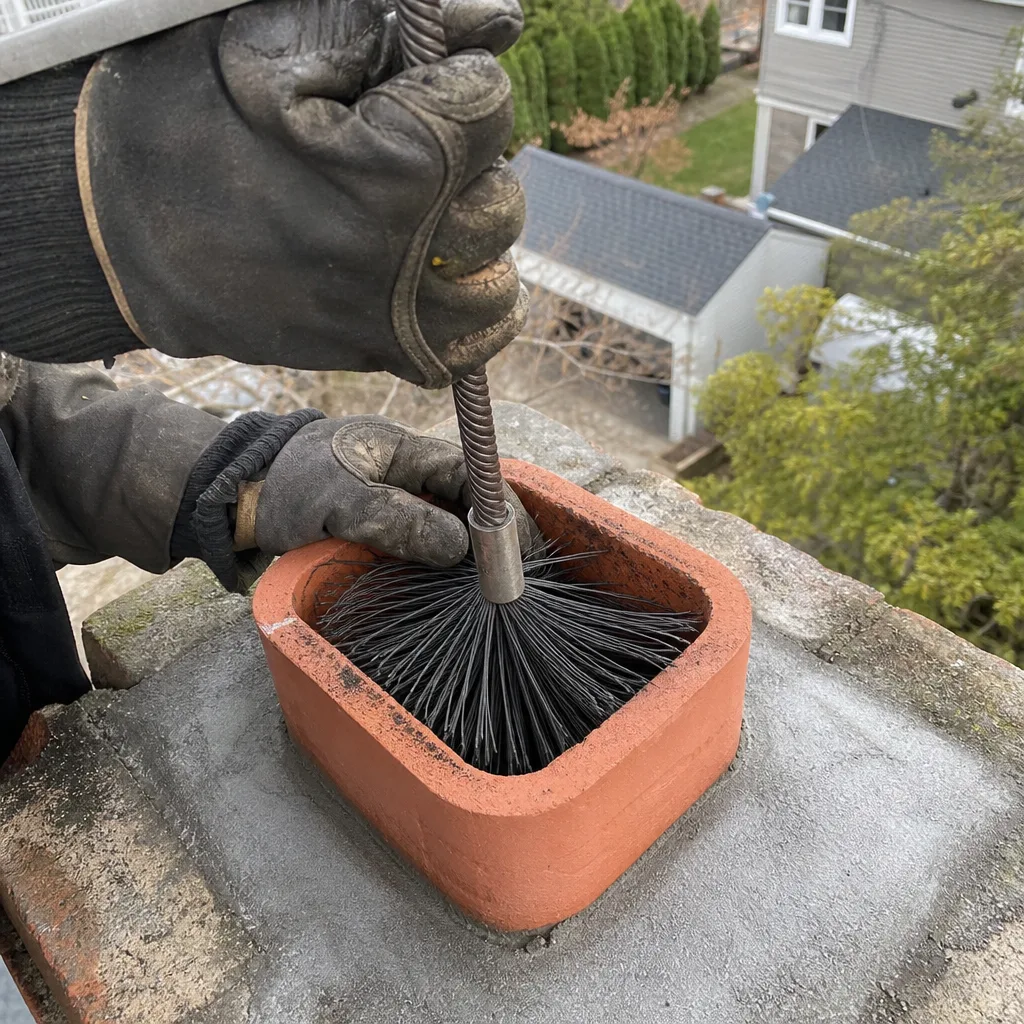 Professional chimney sweep cleaning a chimney flue with a wire brush