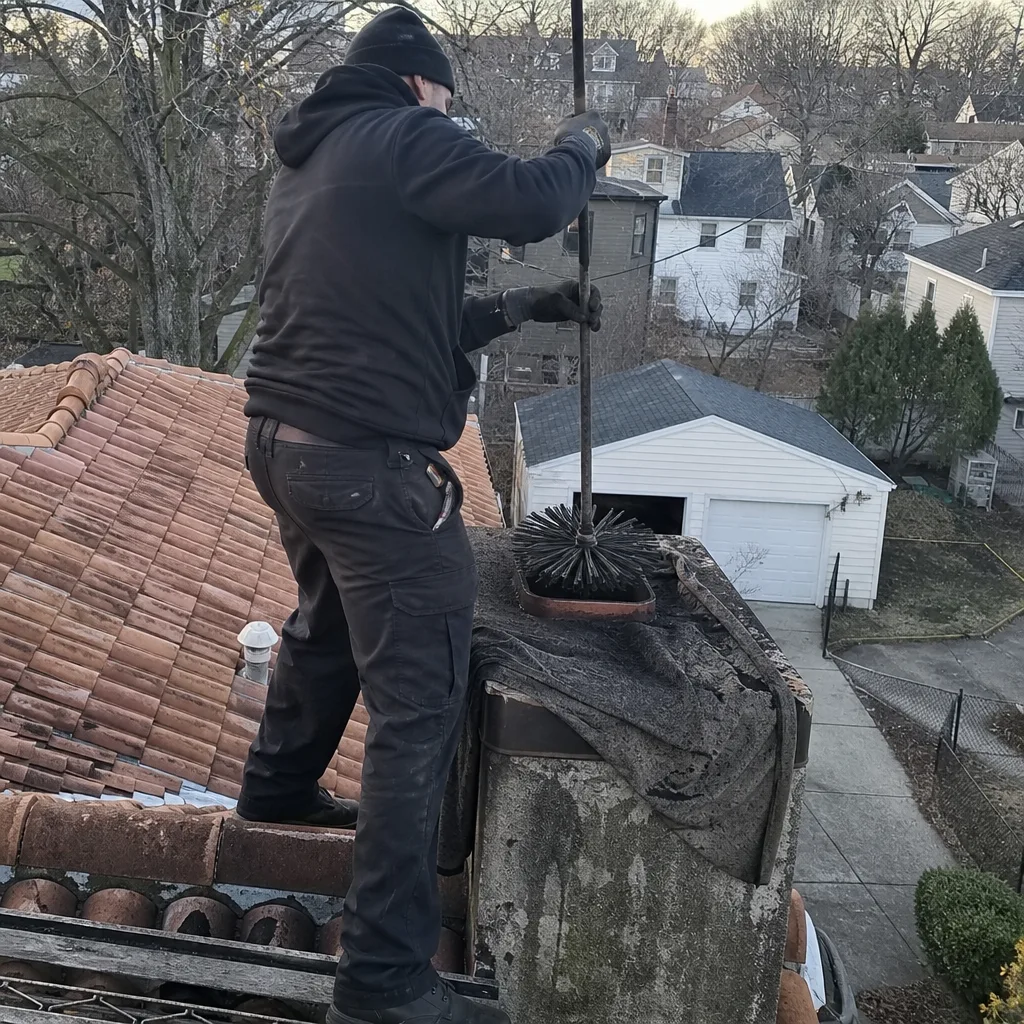 Professional chimney sweep cleaning a residential chimney from a rooftop.
