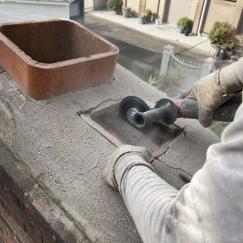 Professional chimney technician performing repair work on a concrete chimney crown