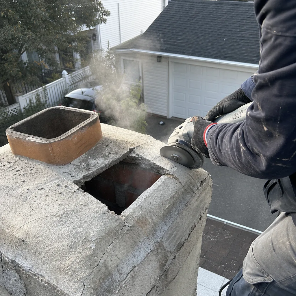 Professional technician repairing a crumbling residential chimney crown with an angle grinder