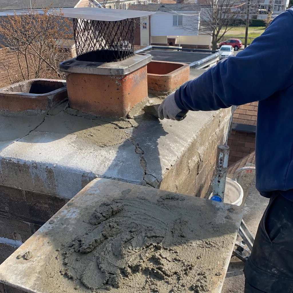 Professional technician repairing cracks on a residential chimney cement crown